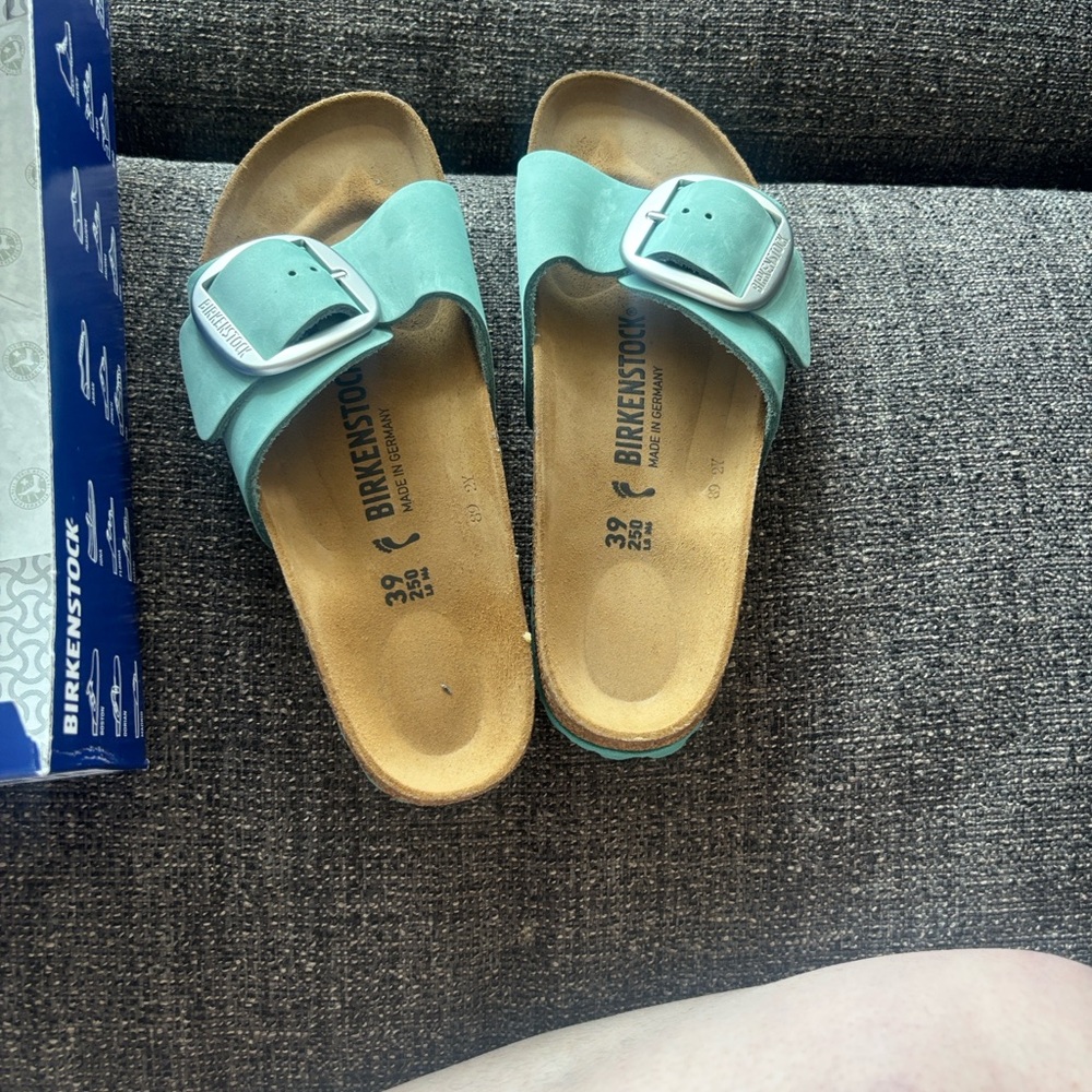 Birkenstock Mint Green Suede Single Strap Sandals with Silver Buckles